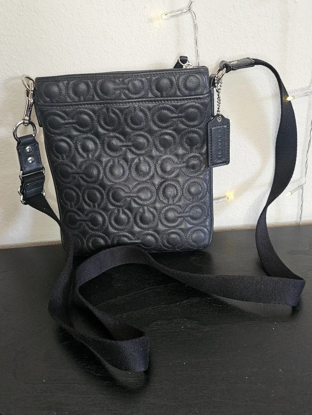 Coach Black Signature Embossed Logo Crossbody Zip Purple Lining Silver HW